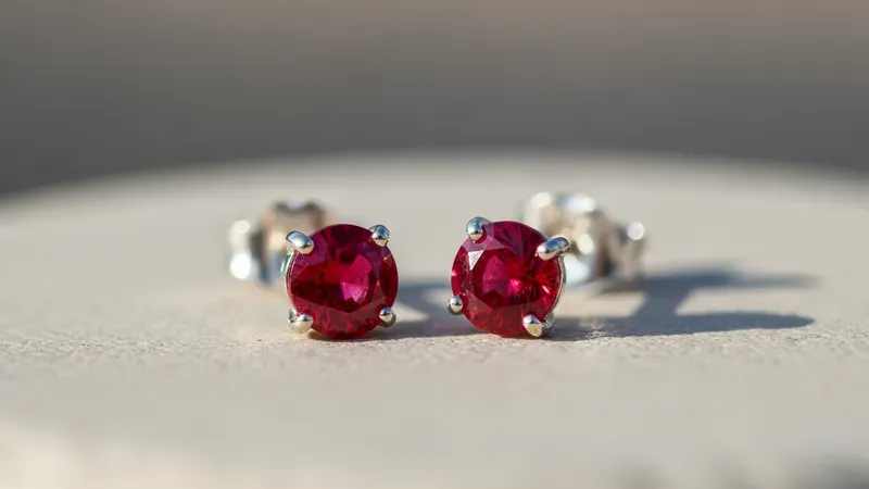 Boucles d'oreilles rubis et or blanc côte à côte