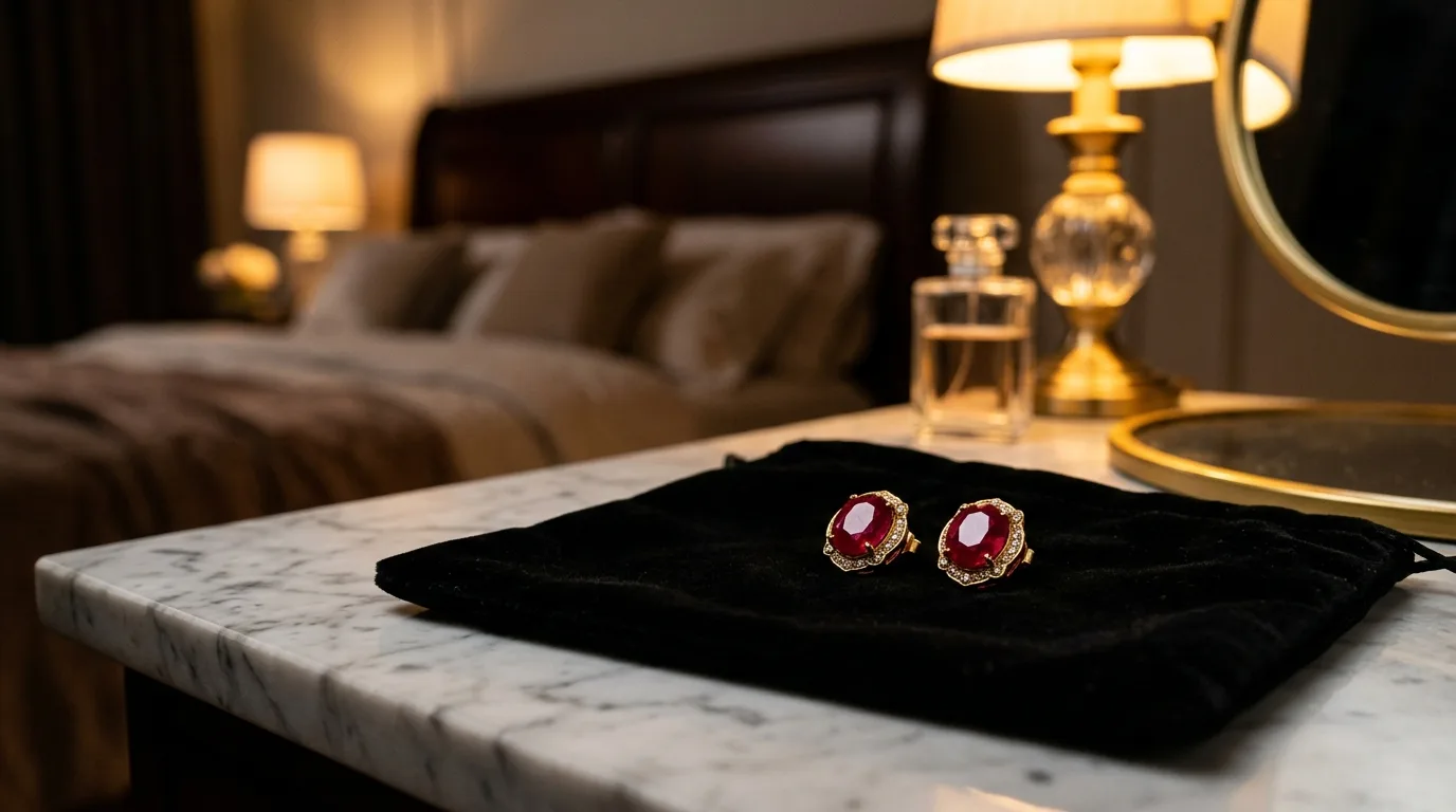 Boucles d'oreilles rubis sur écrin de velours noir en gros plan